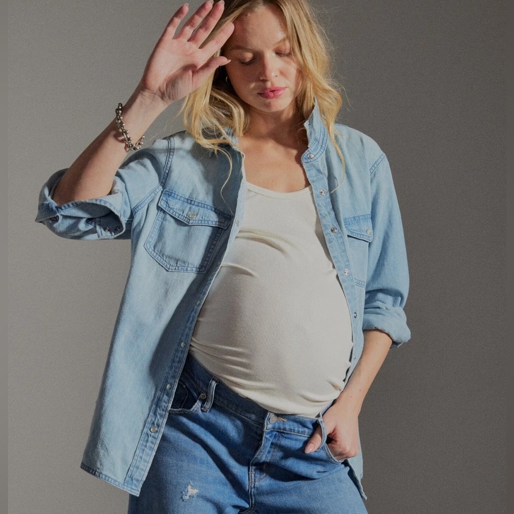 NWT Hatch The Denim Maternity Shirt Light Wash Pearl Snap Collar Western Cowgirl